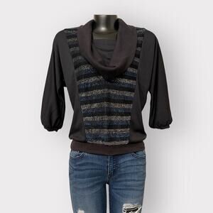 LA Reaction VINTAGE Cowl Neck 1/2 Sleeve Blouse sz S Metallic Stripe Top Black
